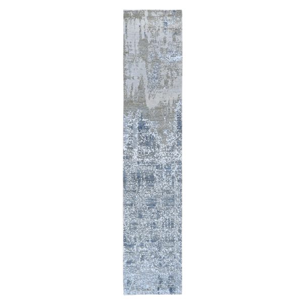 2'5"x12'1" Ivory Dense Weave Abstract Design Wool and Silk Hand Knotted Runner Oriental Rug HR59354