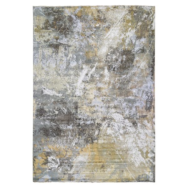 12'x18'2" Oversized Gray with Gold Abstract Design Denser Weave Wool and Silk Hand Knotted Oriental Rug HR59438
