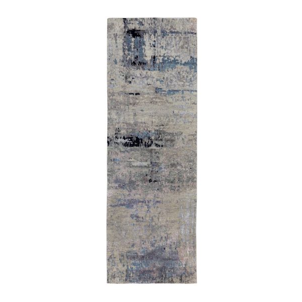 2'6"x7'9" Silver, Blue Wool & Silk Abstract Design Hand Knotted Hi-Low Pile Oriental Runner Rug HR58490