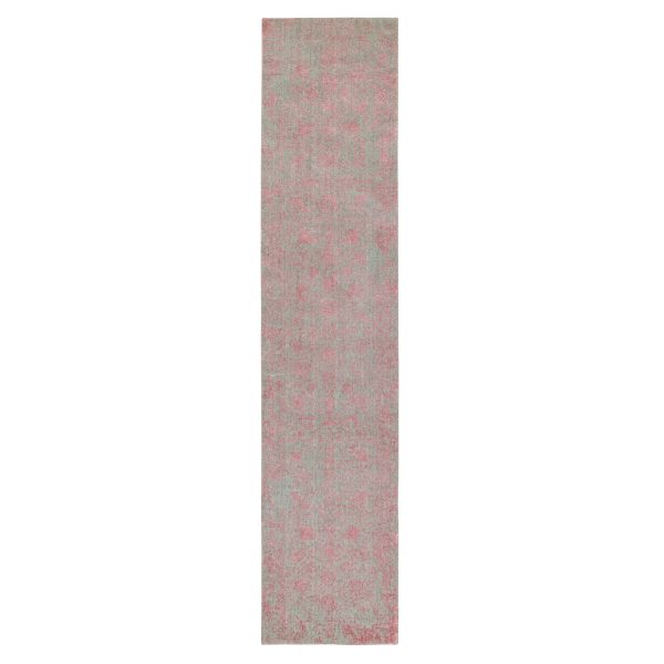 2'6"x11'10" Pink Wool and Art Silk Erased Persian Design Runner Hand Loomed Jacquard Oriental Rug HR58583