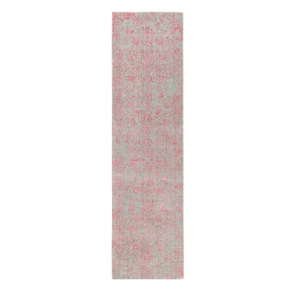 2'6"x9'10" Pink Erased Persian Design Wool and Art Silk Hand Loomed Jacquard Oriental Rug HR58598