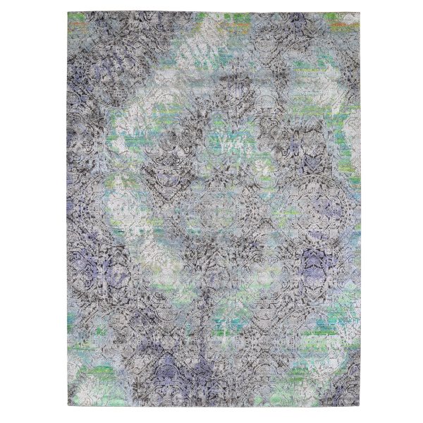 9'x12'6" Greens DIMINISHING COINS, Sari Silk with Textured Wool Hand Knotted Oriental Rug HR59459