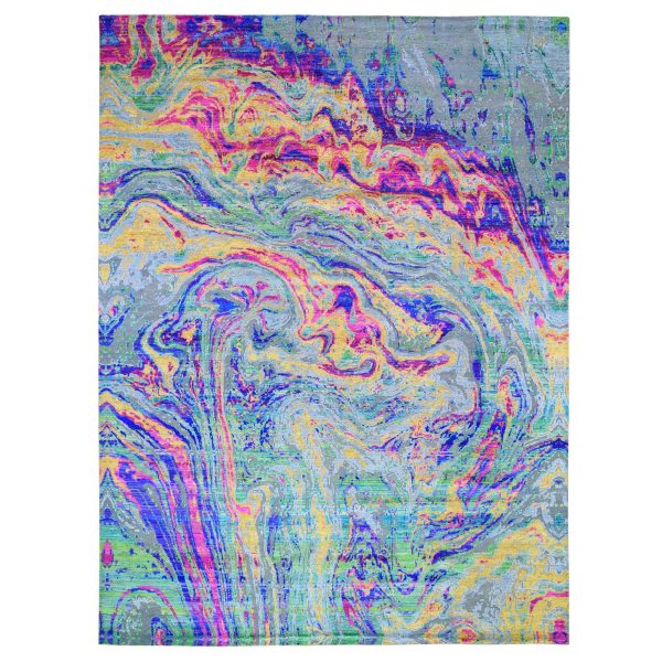 9'10"x13'7" THE LAVA, Colorful Hand Knotted Sari Silk with Textured Wool Oriental Rug HR59470