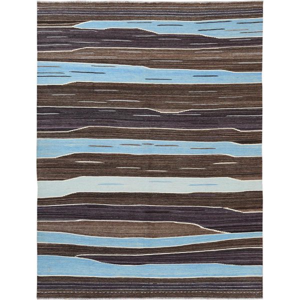 8'3"x10'2" Brown And Blue Mountain Design Flat Weave Kilim Natural Wool Reversible Hand Woven Oriental Rug HR60039