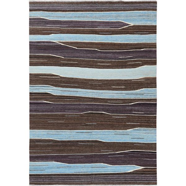 6'3"x9' Hand Woven Flat Weave Kilim Brown And Blue Mountain Design Pure Wool Reversible Oriental Rug HR60040
