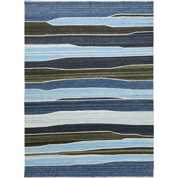 6'3"x8'9" Hand Woven Flat Weave Kilim Organic Blue And Brown Mountain Design Wool Reversible Oriental Rug HR60104