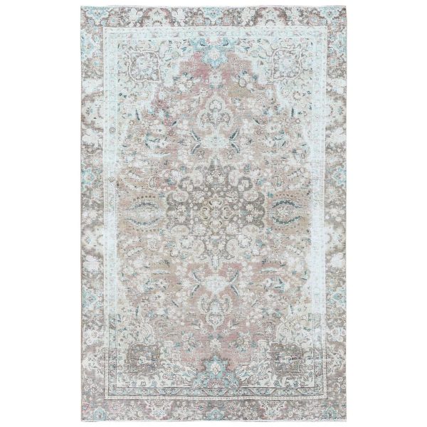 5'10"x9'5" Red Clean Pure Wool Bohemian Worn Down Vintage Look Persian Tabriz Medallion Design Hand Knotted Oriental Rug HR60193