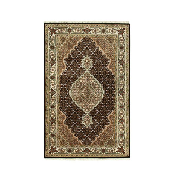 3'1"x5'6" Brown Hand Knotted Wool And Silk Tabriz Mahi Fish Design Oriental Rug HR58776