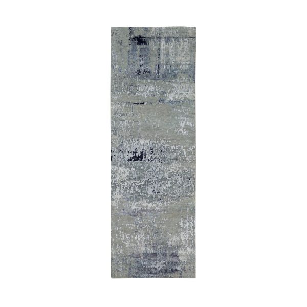 2'8"x7'10" Wool And Silk Silver, Blue Modern Abstract Design Hand Knotted Oriental Runner Rug HR58877