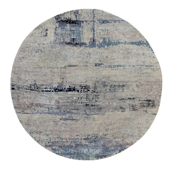 8'x8' Silver Blue Wool & Silk Modern Abstract Design Hand Knotted Oriental Round Rug HR58881