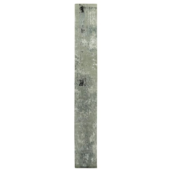 2'8"x19'10" Silver Gray Wool & Silk Modern Abstract Design Hand Knotted Oriental Runner Rug HR58890