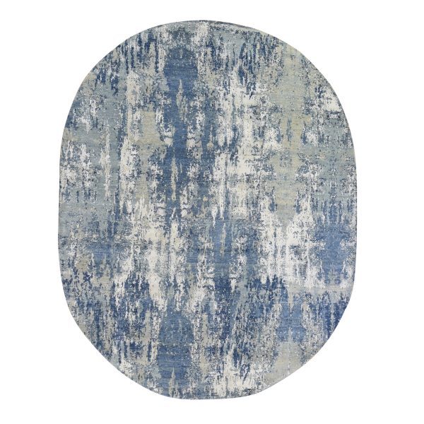 8'1"x10'1" Blue Abstract Design Wool and Real Silk Oval Hand Knotted Oriental Rug HR59521