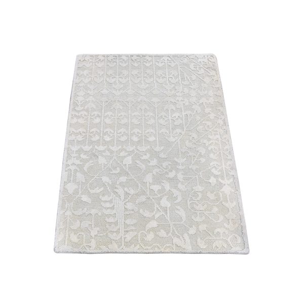 2'x3'4" Ivory Hand Knotted Pure Silk with Textured Wool Tone on Tone Oriental Rug HR59536