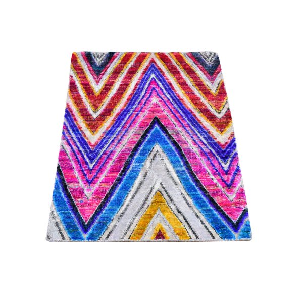 2'x3' Colorful Chevron Design Sari Silk with Textured Wool Hand Knotted Oriental Rug HR59551