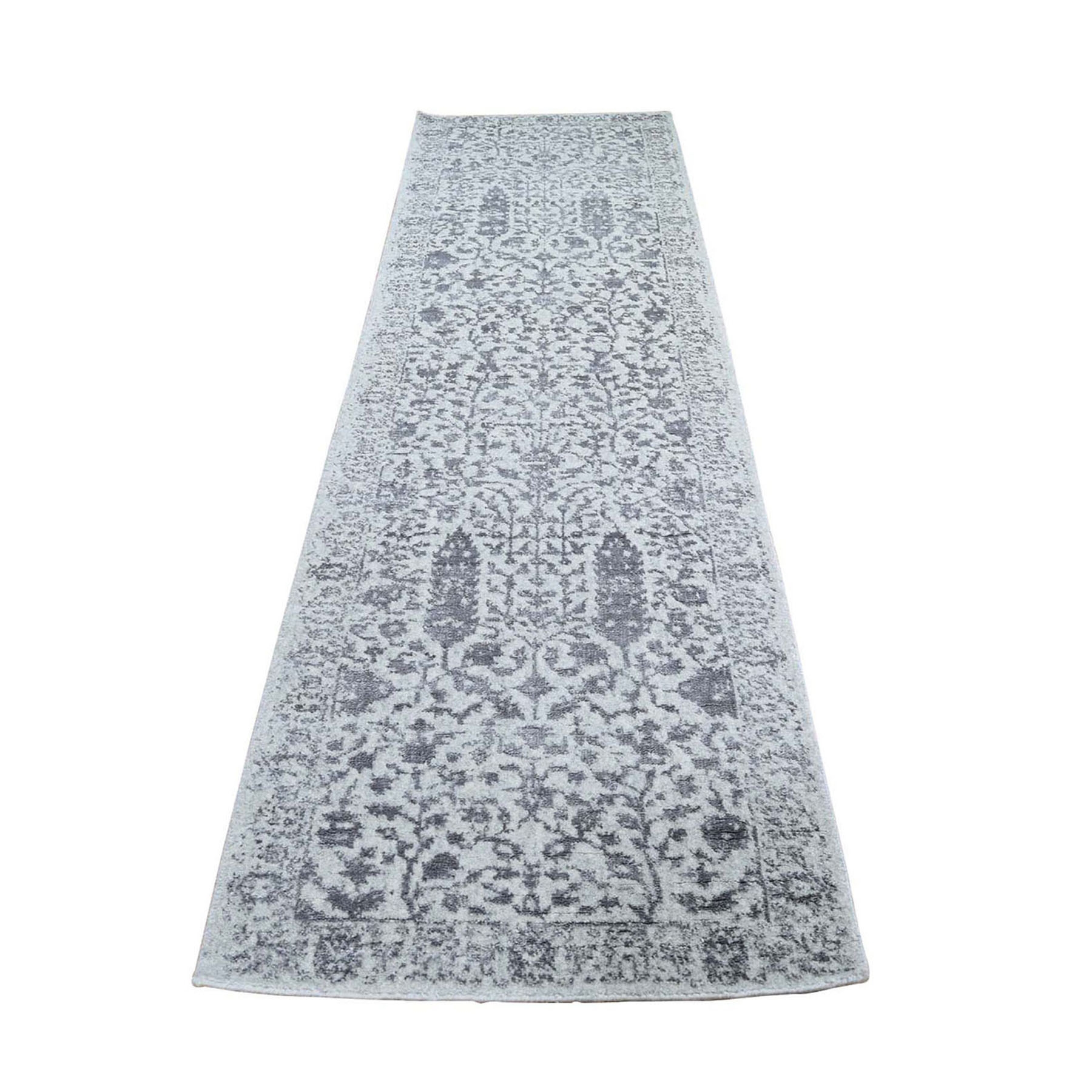 2'5"x8' Gray Jacquard Hand Loomed Broken Cypress Tree Design Silken Thick and Plush Runner Oriental Rug HR59569