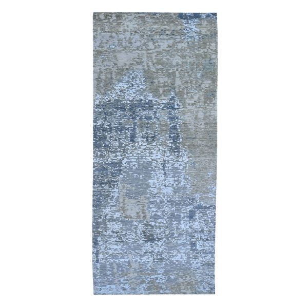 2'5"x12'1" Gray Abstract Design Wool and Silk Hi-Low Pile Denser Weave Hand Knotted Oriental Rug HR59617