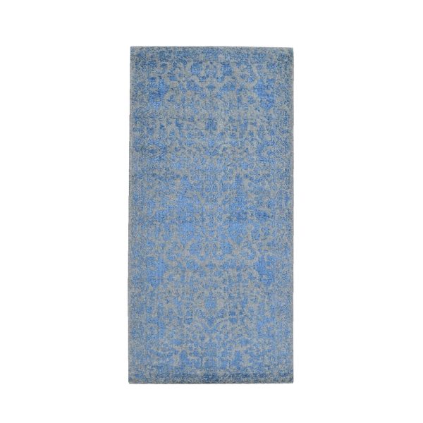 2'5"x6'1" Blue Fine Broken Cypress Tree Design Wool and Art Silk Hand Loomed Runner Oriental Rug HR59618