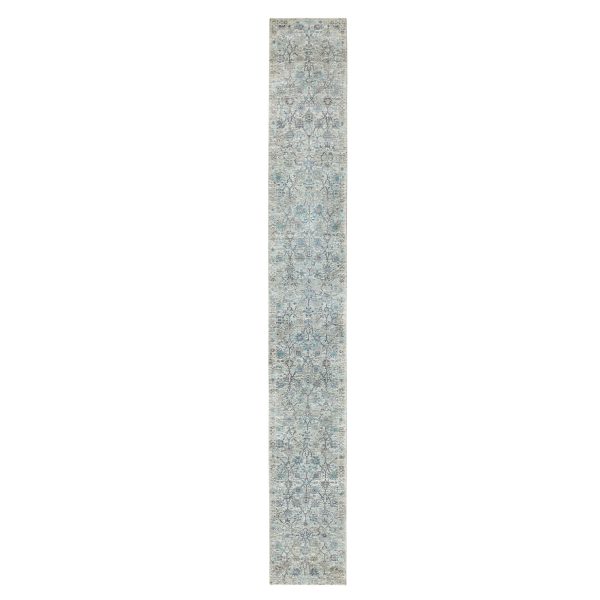 2'5"x20'5" Ivory Silk With Textured Wool Tabriz Hand Knotted Oriental XL Runner Rug HR58946