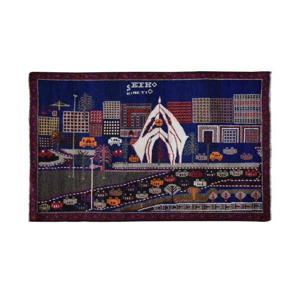 3'x4'10" Pictorial Afghan Baluch with Cars and Buildings Natural Wool Hand Knotted Oriental Rug HR59712