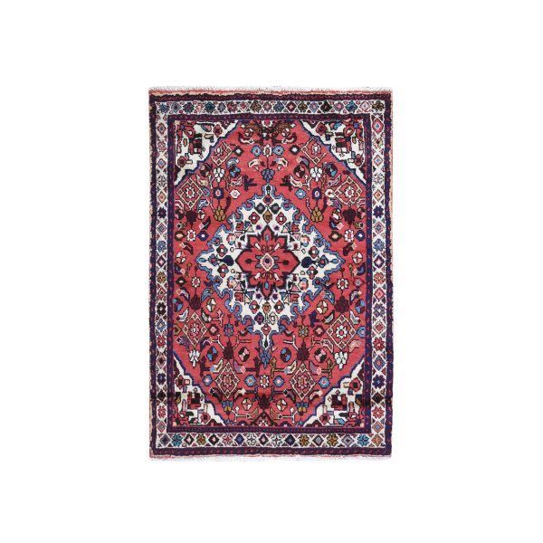3'6"x5'4" Red New Persian Hamadan with Large Flower Medallion Pure Wool Hand Knotted Oriental Rug HR59828