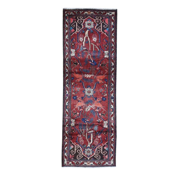 3'5"x9'7" Red Natural Wool New Persian Bakhtiar with Deer Figurines Hand Knotted Runner Oriental Rug HR59860