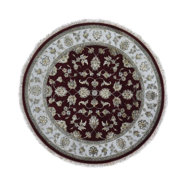 5'x5' Red Half Wool and Half Silk Rajasthan Hand Knotted Round Oriental Rug HR59951
