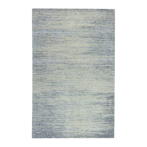 6'1"x9' Light Gray Jacquard Hand Loomed Modern Natural Wool And Plant Based Silk Oriental Rug HR62056