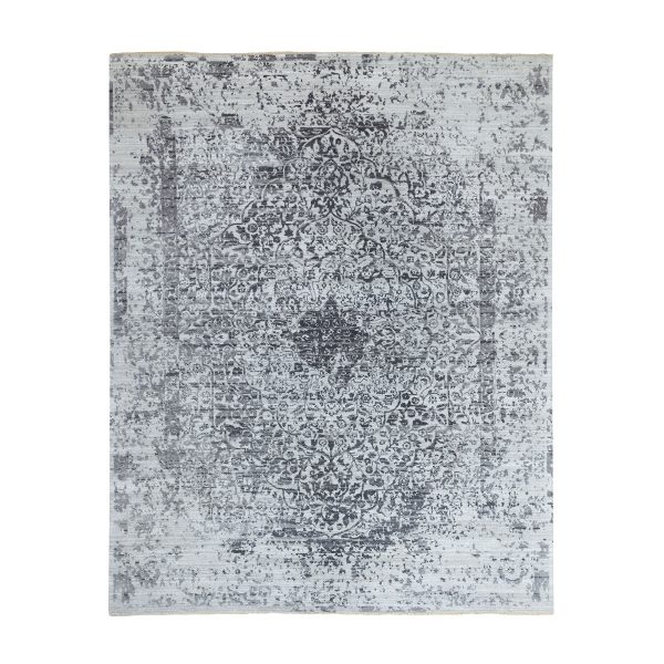 8'x10'1" Hand Knotted Grey Broken Persian Design Wool And Pure Silk Oriental Rug HR62058