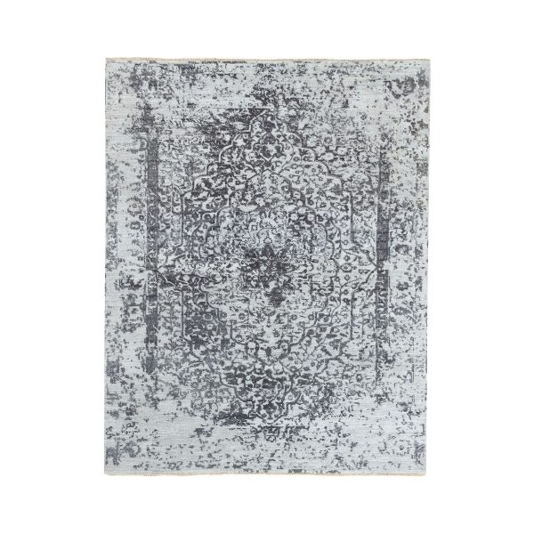 5'3"x7' Wool And Pure Silk Grey Broken Persian Design Hand Knotted Oriental Rug HR62068