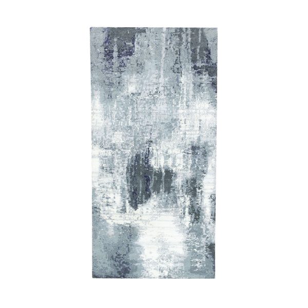 2'5"x8' Ivory-Black Abstract Design Wool and Silk Hand Knotted Oriental Runner Rug HR62070