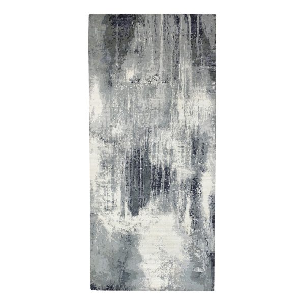 2'6"x10' Ivory-Black Abstract Design Wool and Silk Hand Knotted Runner Oriental Rug HR62071