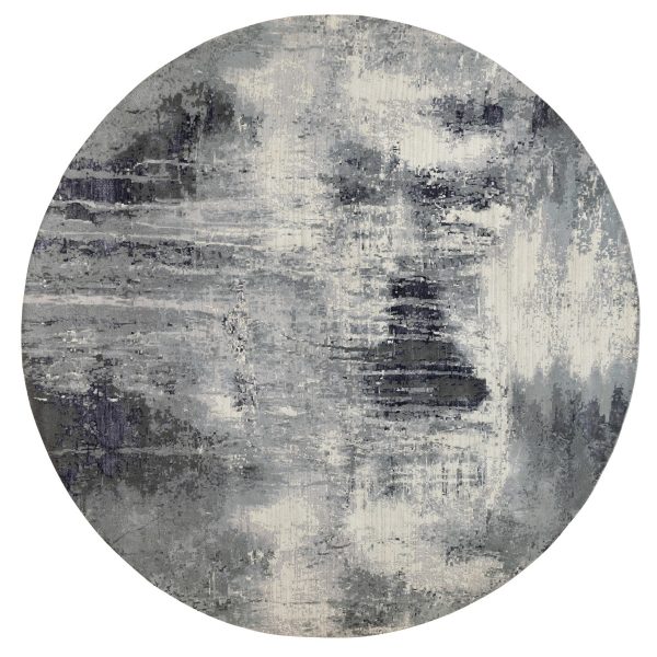 12'x12' Ivory-Black Abstract Design Wool and Silk Hand Knotted Oriental Round Rug HR62100