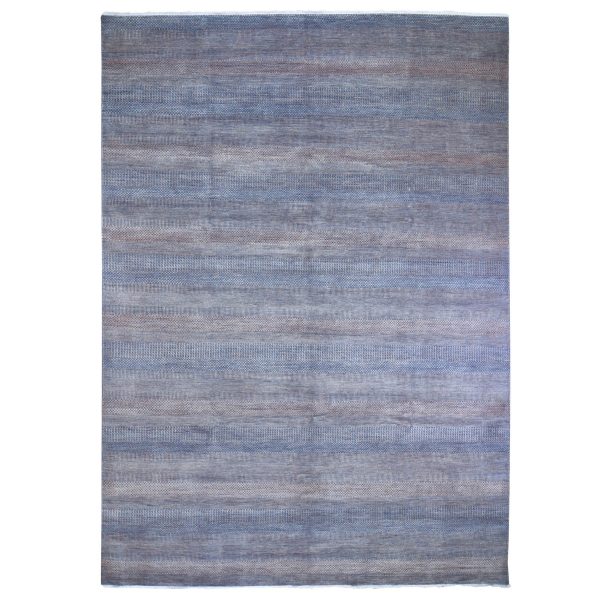 9'1"x12'2" Denim Blue with Touches of Orange Grass Design Wool and Silk Hand Knotted Oriental Rug HR66053