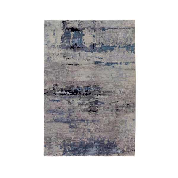 3'x4'10" Abstract Design Silver-Blue Modern Hand Knotted Wool & Silk Oriental Rug HR58487