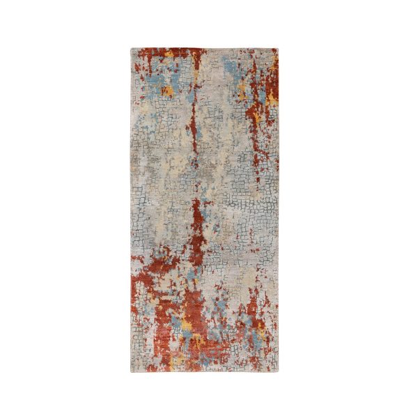 2'6"x5'10" Wool and Silk Abstract with Fire Mosaic Design Hand Knotted Oriental Runner Rug HR62111