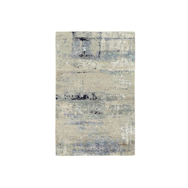 3'x5' Ivory Abstract With Mosaic Design Wool And Silk Hand Knotted Oriental Rug HR62167