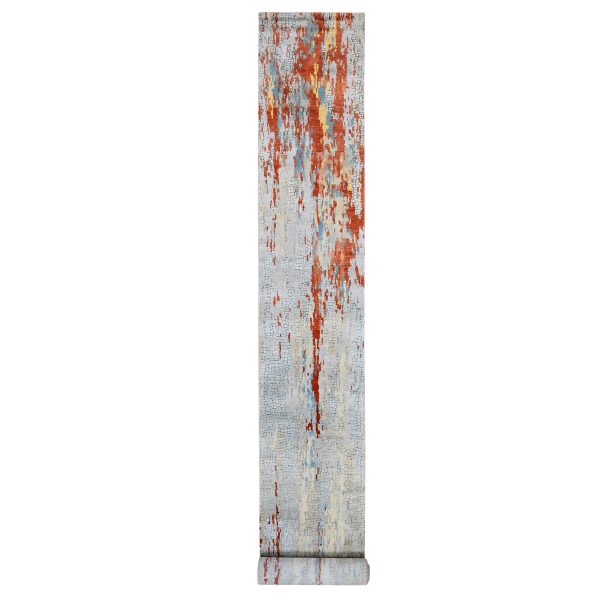 2'7"x20' Gray Wool and Silk Abstract with Fire Mosaic Design Hand Knotted XL Runner Oriental Rug HR62172