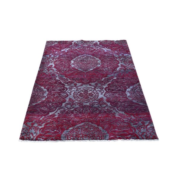 3'2"x5'6" Wine Red Wool and Silk Modern Damask Design Mat Hand Knotted Oriental Rug HR66123