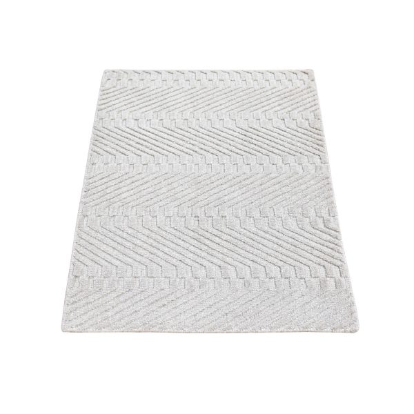 2'1"x3'1" Ivory Tone on Tone Hand Loomed Repetitive Squared Design Mat Wool and Silk Oriental Rug HR66147