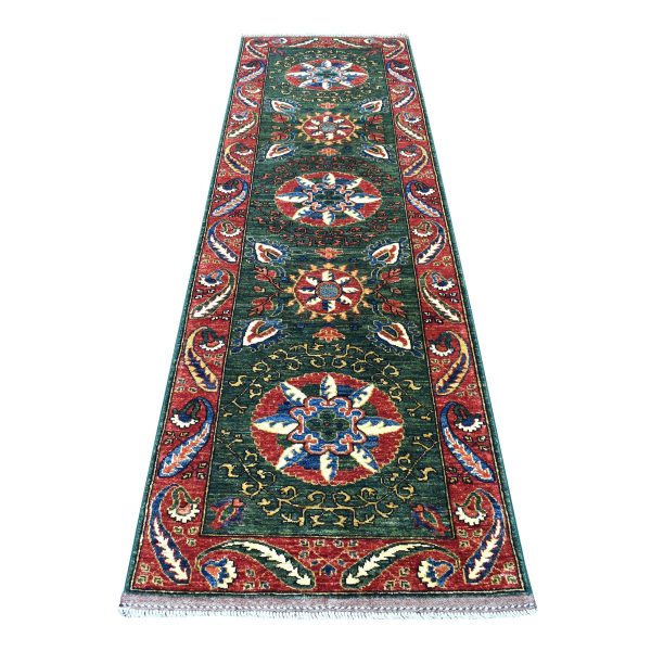 2'9"x9'7" Hand Knotted Green Afghan Turkoman Ersari With Tribal Design Pure Wool Oriental Runner Rug HR56752