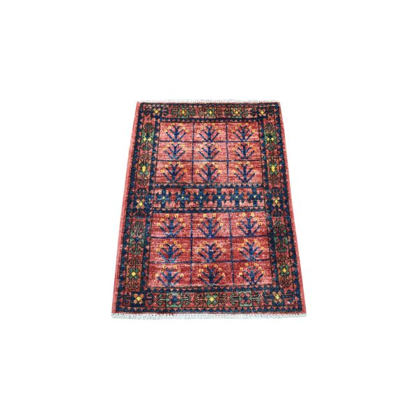 2'x2'10" Red Pure Wool Afghan Ersari With Tribal Design Hand Knotted Oriental Rug HR56985