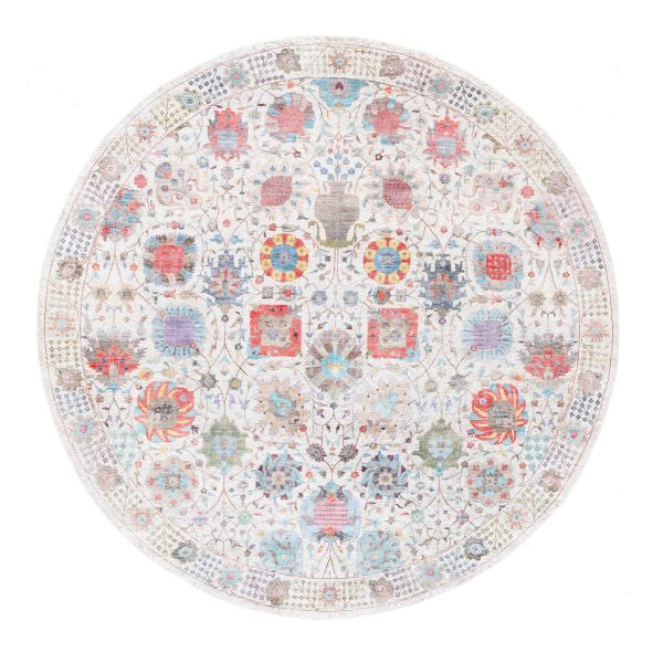 12'2"x12'2" Colorful Silk With Textured Wool Tabriz Vase And Flower Design Hand Knotted Oriental Round Rug HR62274