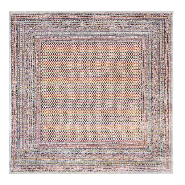12'x12' Colorful Wool And Sari Silk Sarouk Mir Inspired With Repetitive Boteh Design Hand Knotted Oriental Square Rug HR62311