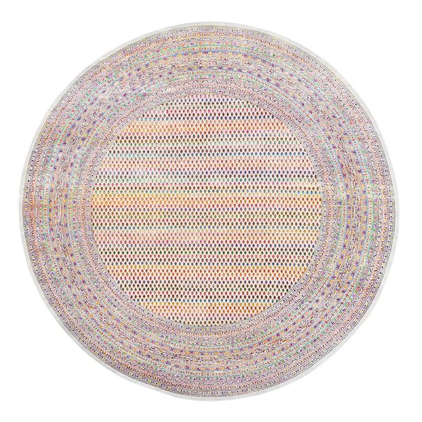 12'x12' Round Colorful Wool And Sari Silk Sarouk Mir Inspired With Multiple Borders Hand Knotted Oriental Rug HR62321