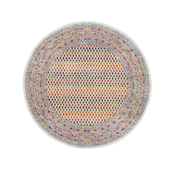 6'x6' Round Colorful Wool And Sari Silk Sarouk Mir Inspired With Small Boteh Design Hand Knotted Oriental Rug HR62329