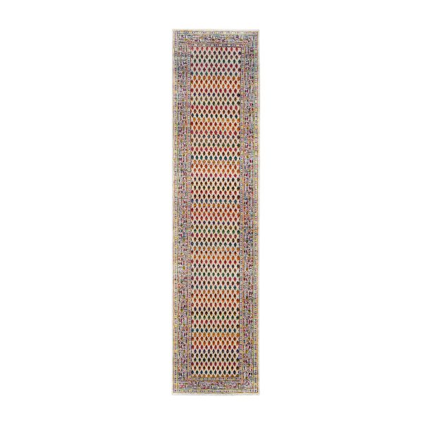 2'4"x10'2" Colorful Wool And Sari Silk Sarouk Mir Inspired With Multiple Borders Hand Knotted Oriental Runner Rug HR62330