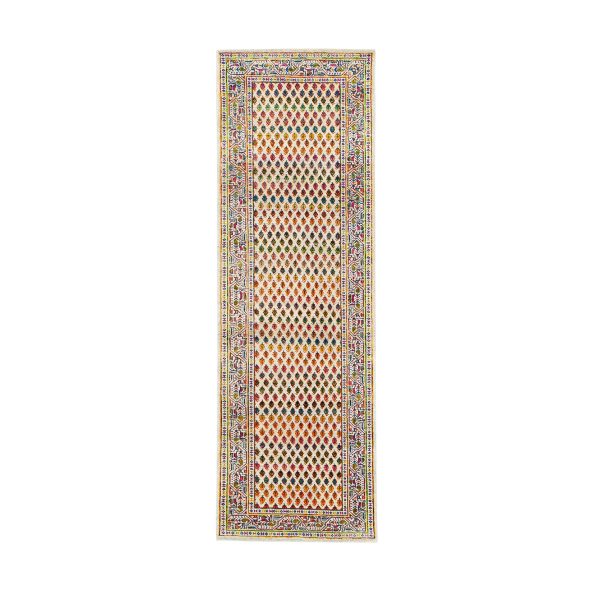 2'7"x8'1" Colorful Wool And Sari Silk Sarouk Mir Inspired With Repetitive Boteh Design Hand Knotted Oriental Runner Rug HR62331