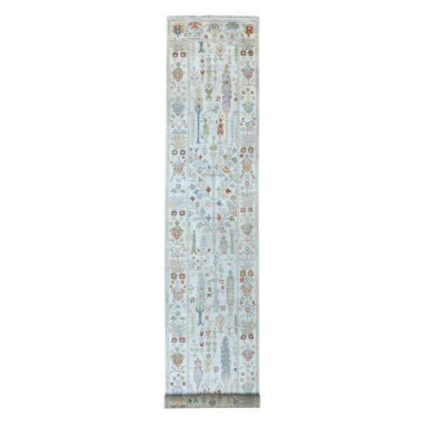 2'9"x15'6" Ivory Angora Oushak With Cypress Tree Design Soft Velvety Wool Hand Knotted Oriental XL Runner Rug HR67025