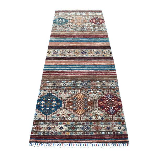 2'9"x8' Hand Knotted Gray Super Kazak Khorjin Design With Colorful Tassles Pure Afghan Wool Oriental Runner Rug HR67120