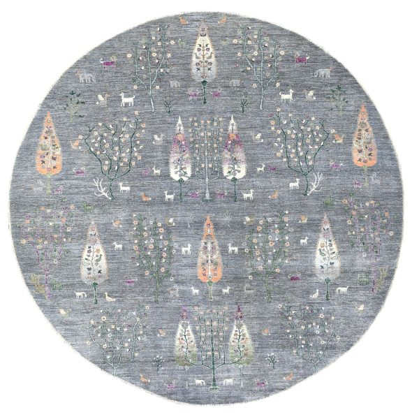 12'x12' Gray Peshawar Folk Art Willow and Cypress Tree Design Hand Knotted Borderless Round Oriental Rug HR67159